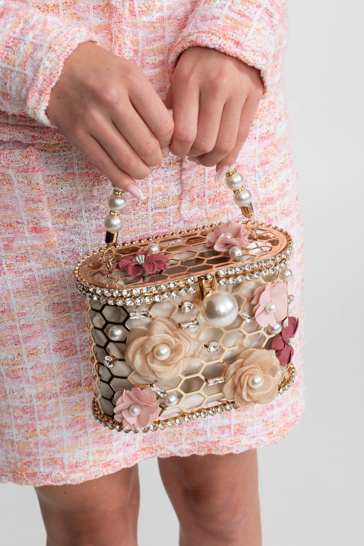 İnci Sap Detaylı Süslemeli Çiçekli Clutch Çanta - Altın