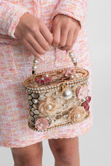 İnci Sap Detaylı Süslemeli Çiçekli Clutch Çanta - Altın