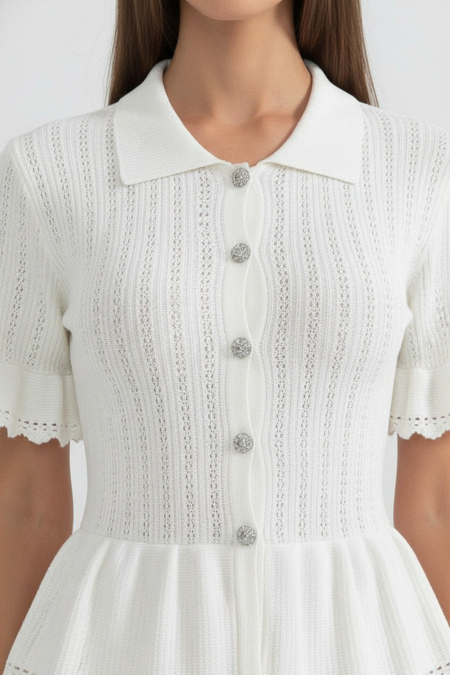 Dantel Etek Ucu Detaylı Bebe Yaka Triko Peplum Maxi Elbise - Beyaz