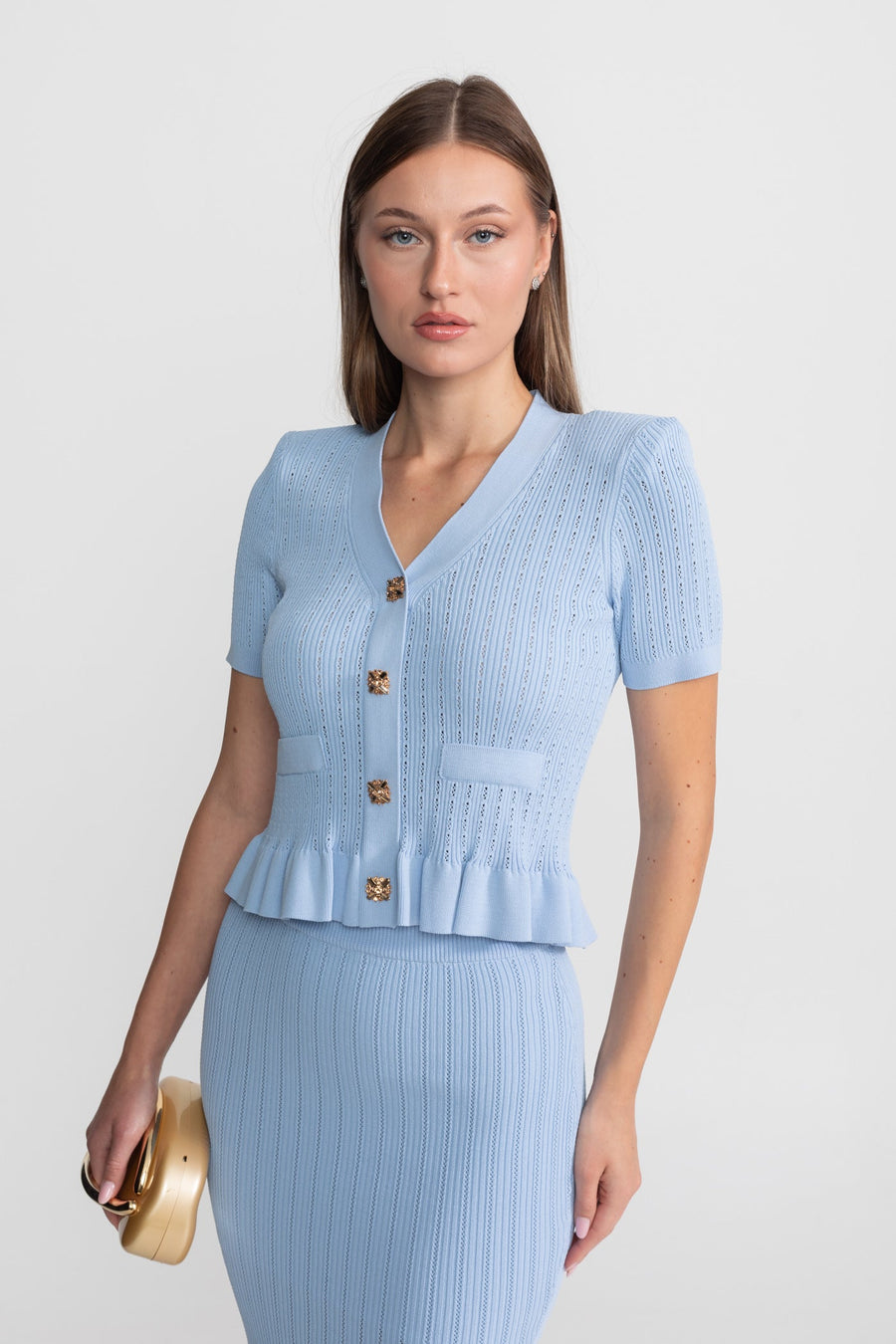 Peplum Bel ve Altın Düğmeler Detaylı Triko Midi Takım - Bebe Mavisi