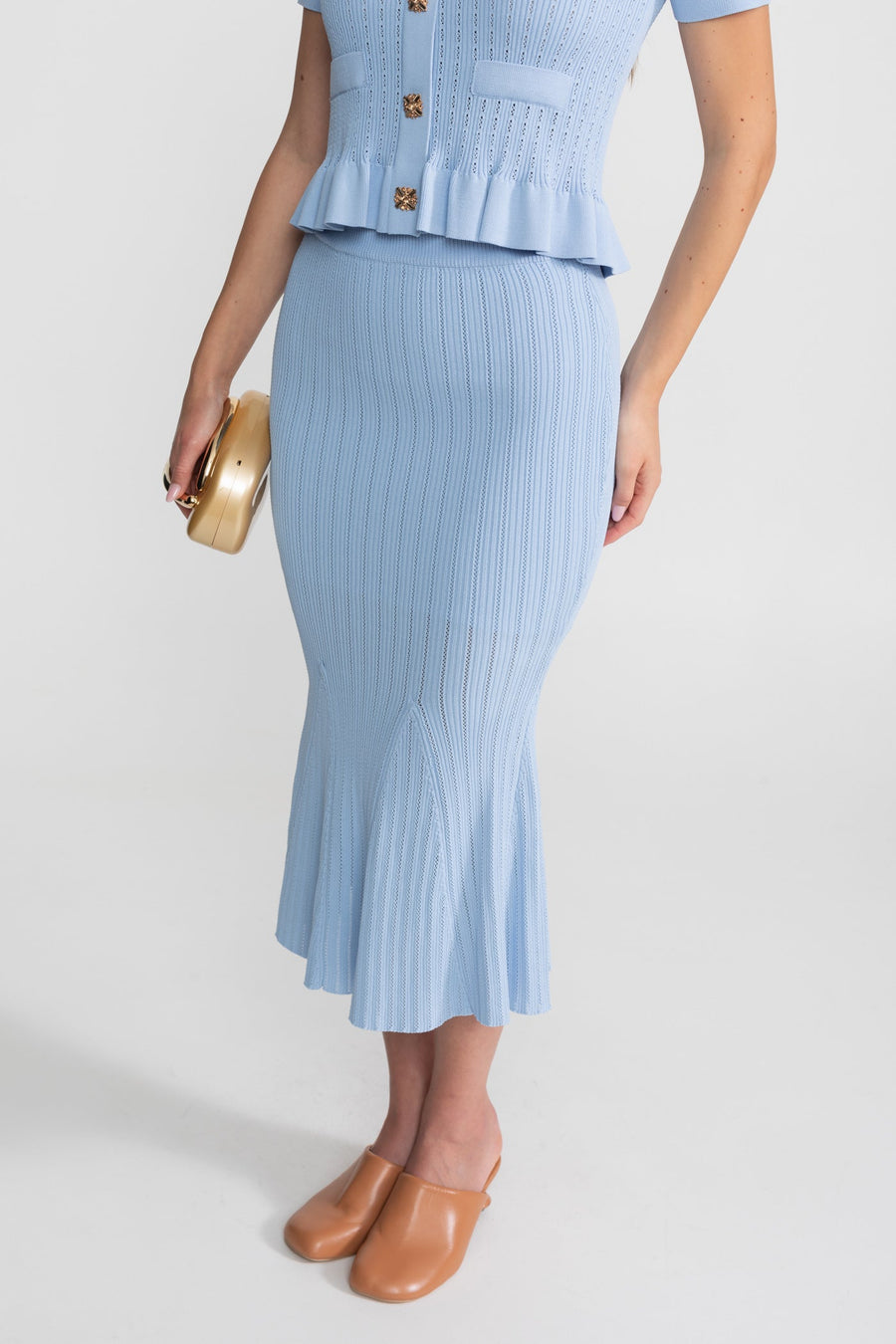 Peplum Bel ve Altın Düğmeler Detaylı Triko Midi Takım - Bebe Mavisi