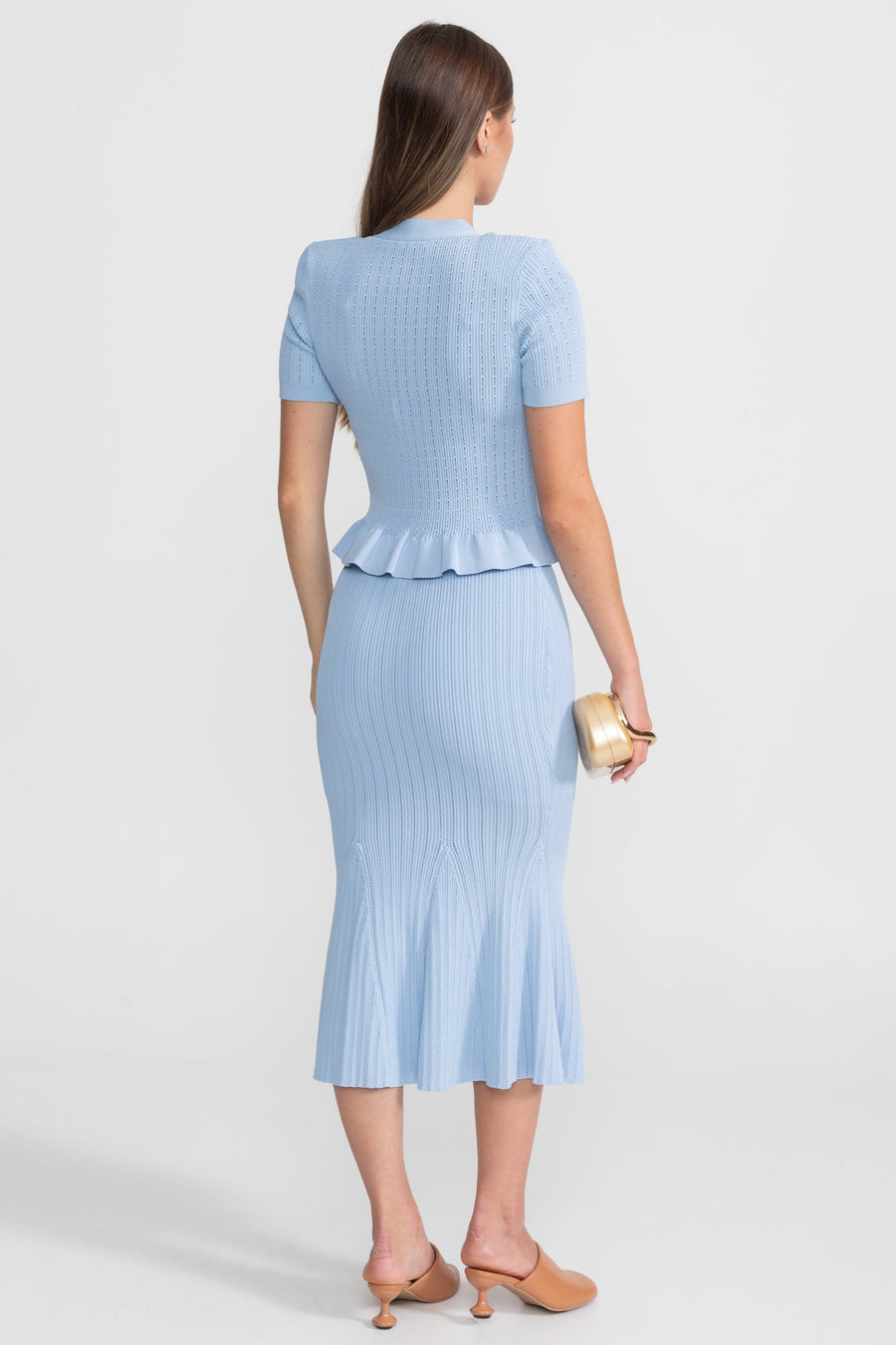 Peplum Bel ve Altın Düğmeler Detaylı Triko Midi Takım - Bebe Mavisi