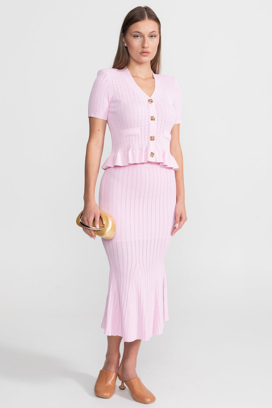 Peplum Bel ve Altın Düğmeler Detaylı Triko Midi Takım - Pembe