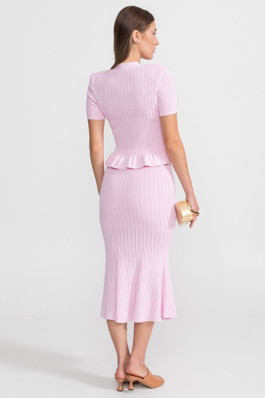 Peplum Bel ve Altın Düğmeler Detaylı Triko Midi Takım - Pembe