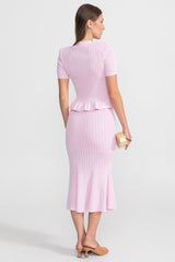 Peplum Bel ve Altın Düğmeler Detaylı Triko Midi Takım - Pembe