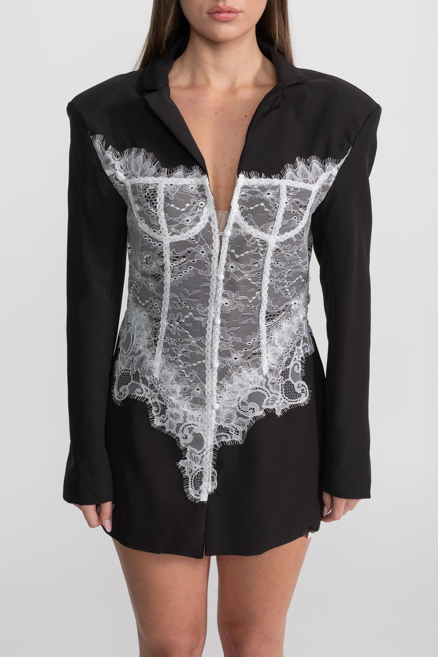 Derin V Yaka Detaylı Dantel Korse Blazer Elbise - Siyah