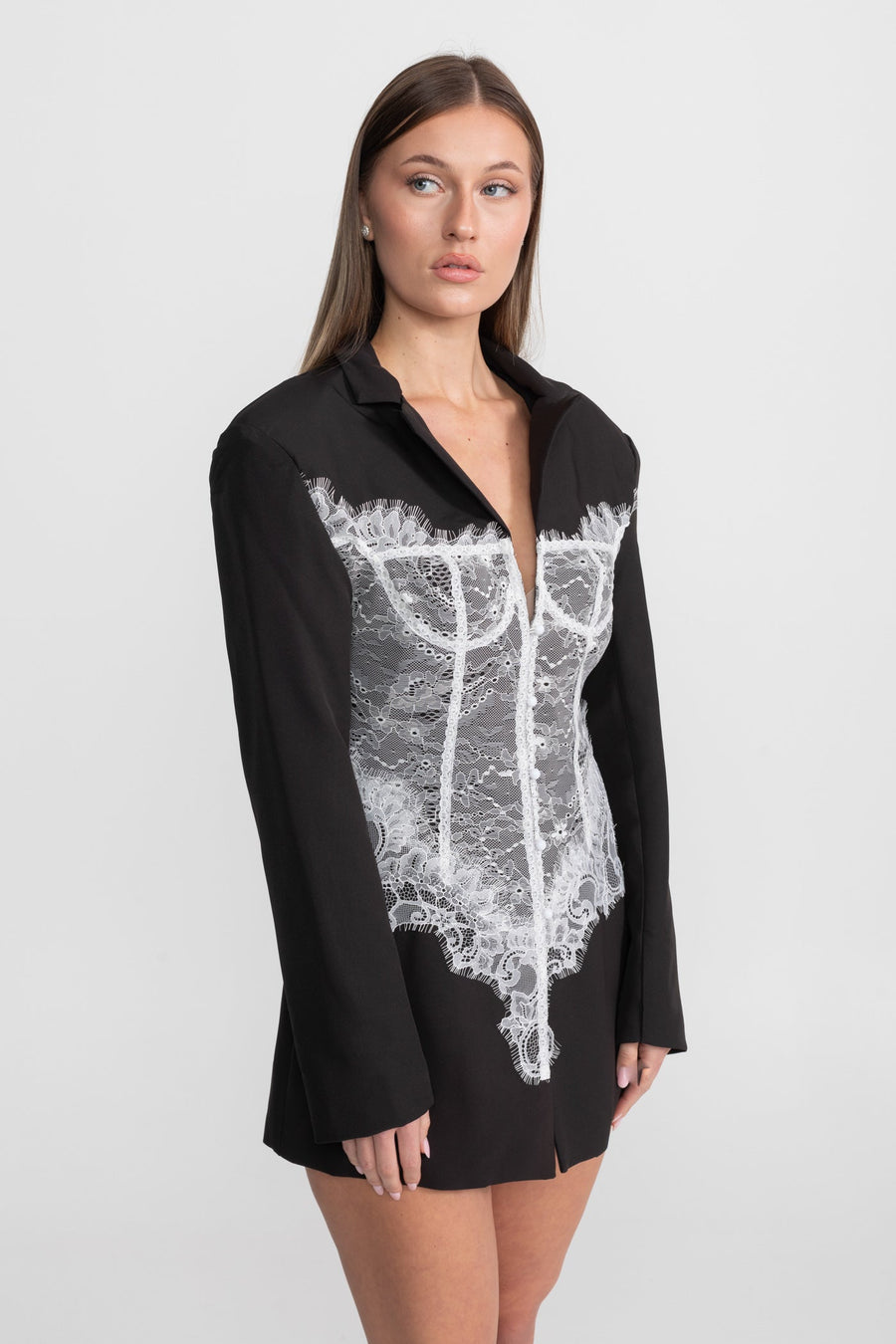 Derin V Yaka Detaylı Dantel Korse Blazer Elbise - Siyah