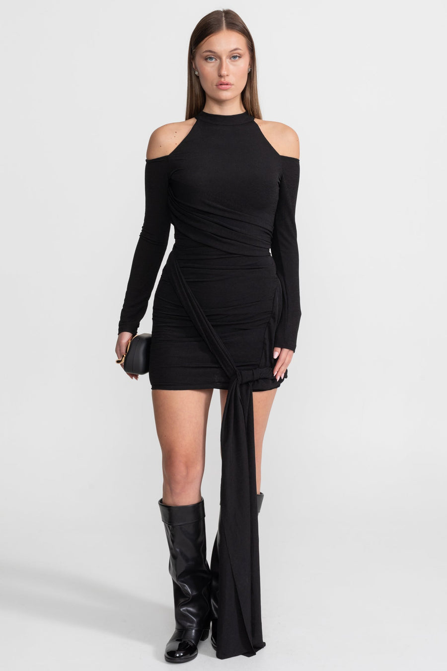 Omuz Dekolteli Drapeli Mini Elbise - Siyah