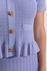 Peplum Bel ve Altın Düğmeler Detaylı Triko Midi Takım - Lila