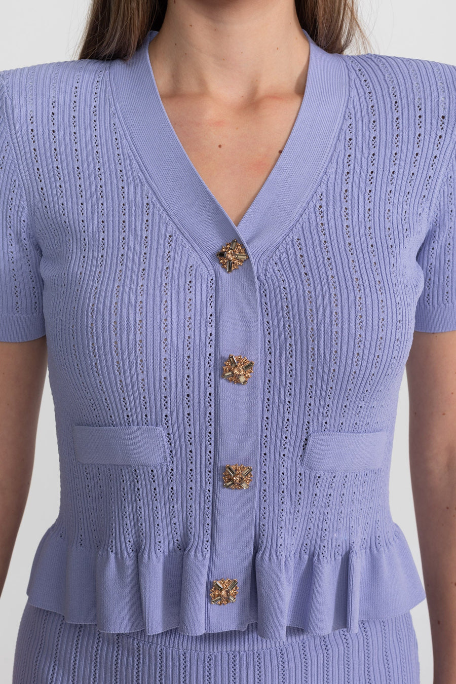 Peplum Bel ve Altın Düğmeler Detaylı Triko Midi Takım - Lila
