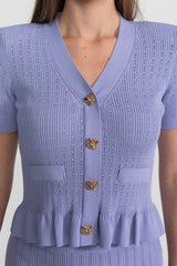 Peplum Bel ve Altın Düğmeler Detaylı Triko Midi Takım - Lila