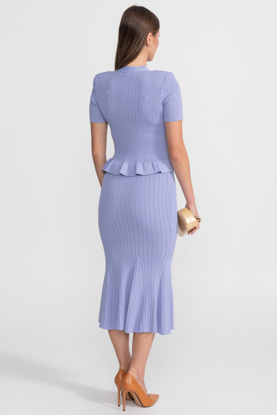 Peplum Bel ve Altın Düğmeler Detaylı Triko Midi Takım - Lila