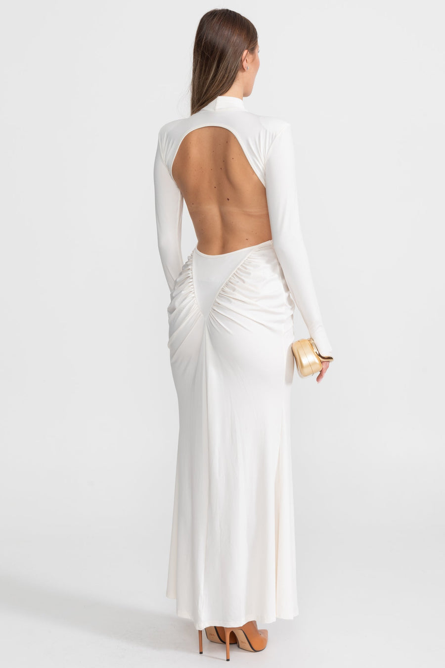Yan Cutouts Detaylı Büzgülü Maxi Elbise - Beyaz