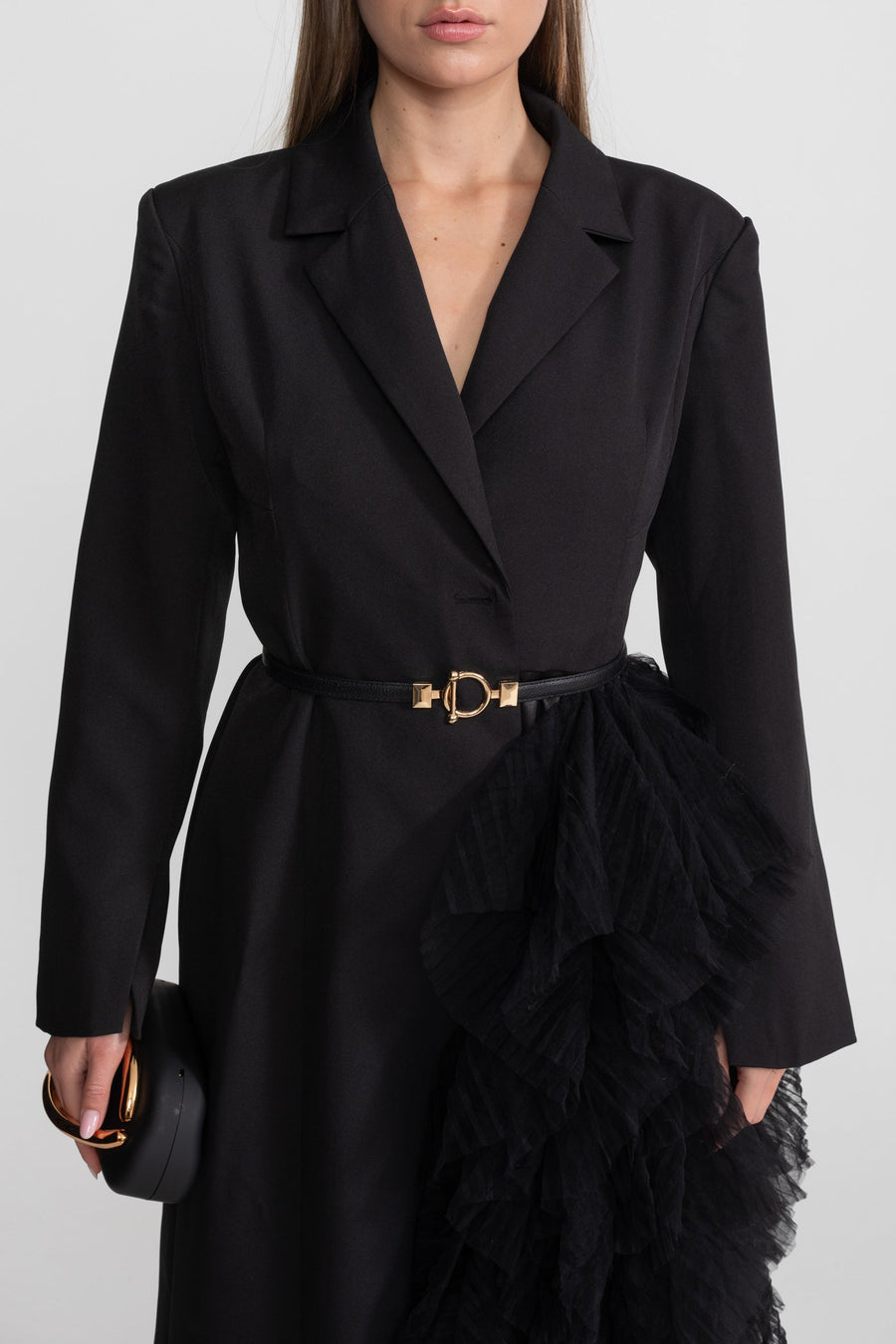 Çentik Klapalar Detaylı Tül Cascade Blazer Elbise - Siyah