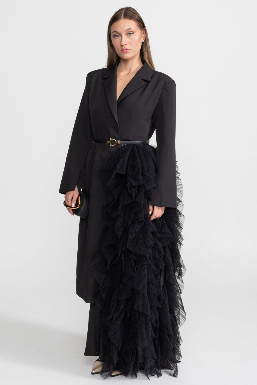 Çentik Klapalar Detaylı Tül Cascade Blazer Elbise - Siyah