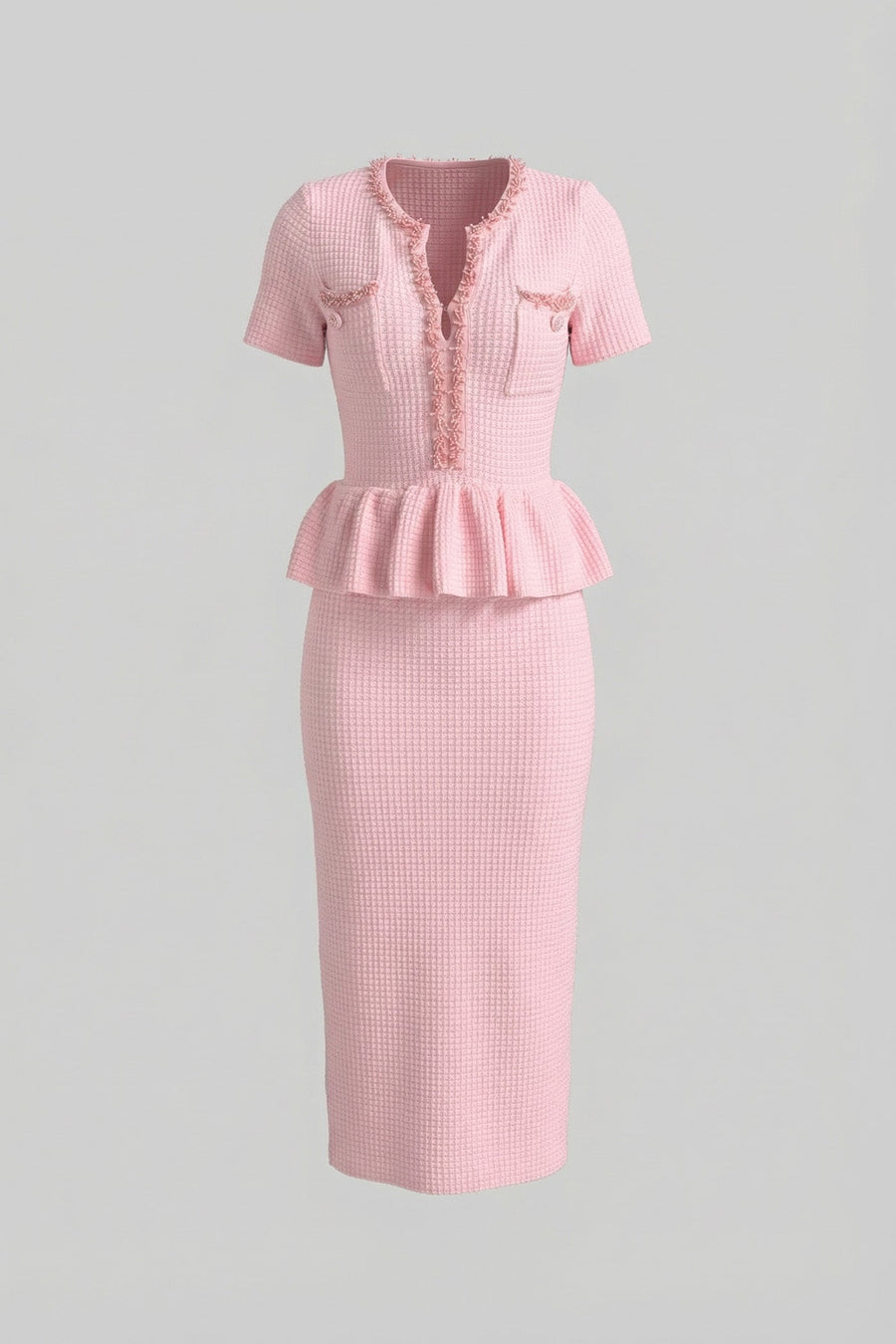 Peplum Bel Detayı Dokulu Triko Midi Elbise - Baby Pembe