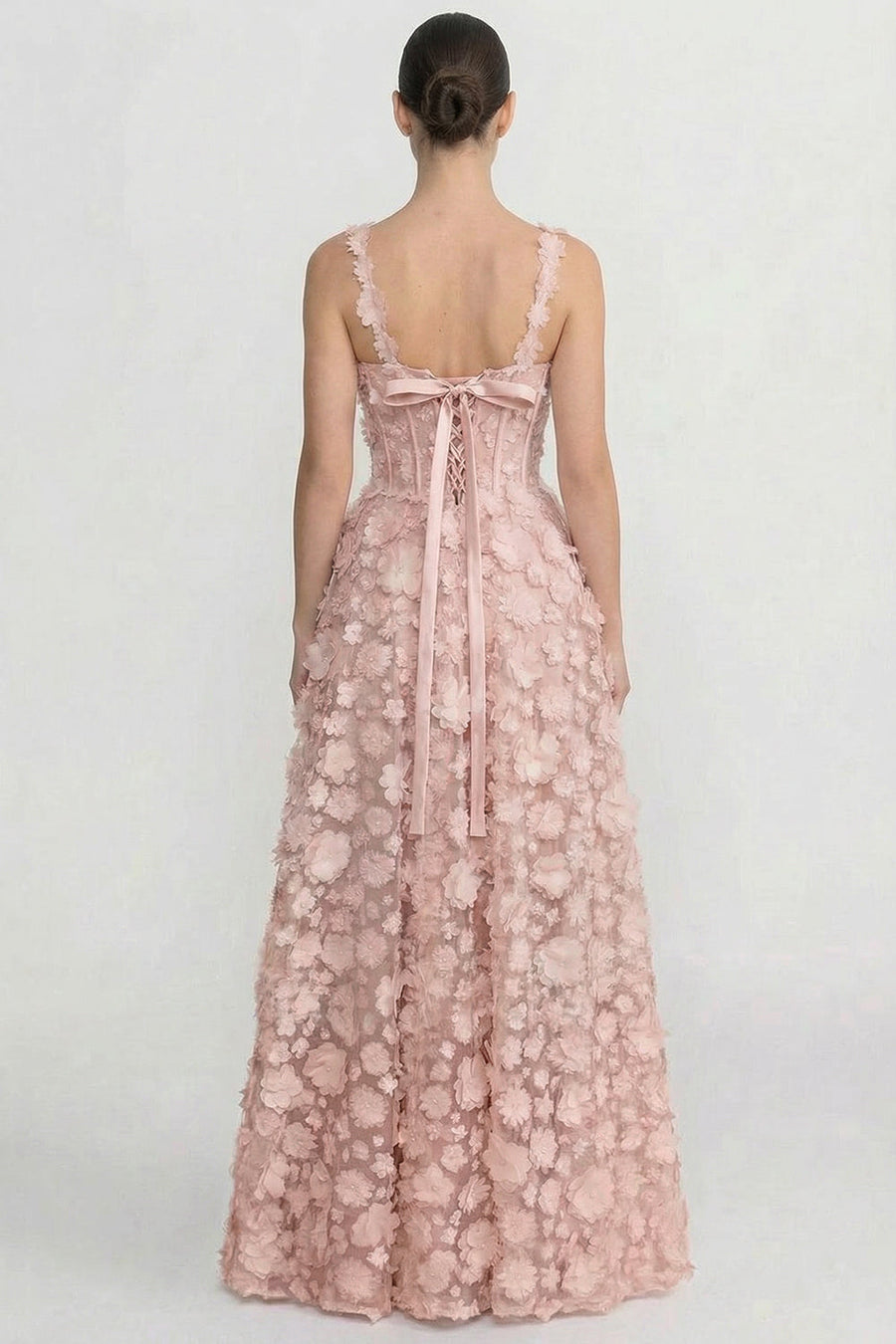 Korse Üst Beden Detaylı Çiçekli Aplike Maxi Elbise - Pembe