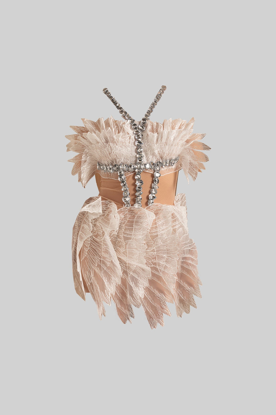 Transparan Wings Doku ve Kristal Süslemeler Detaylı Ethereal Mini Elbise - Beyaz