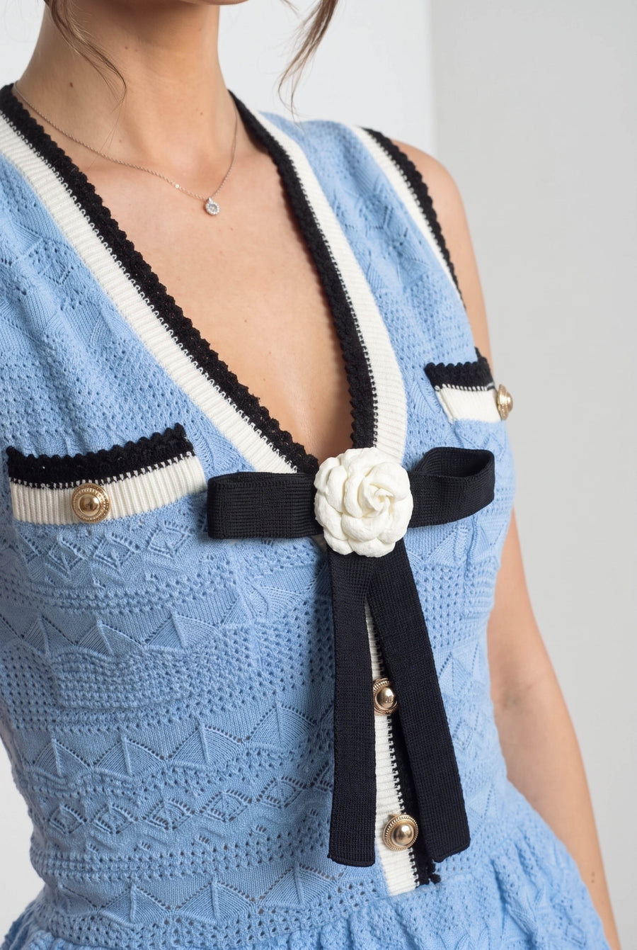 Kontrast Şerit ve Fiyonk Detaylı Peplum Triko Mini Elbise - Açık Mavi