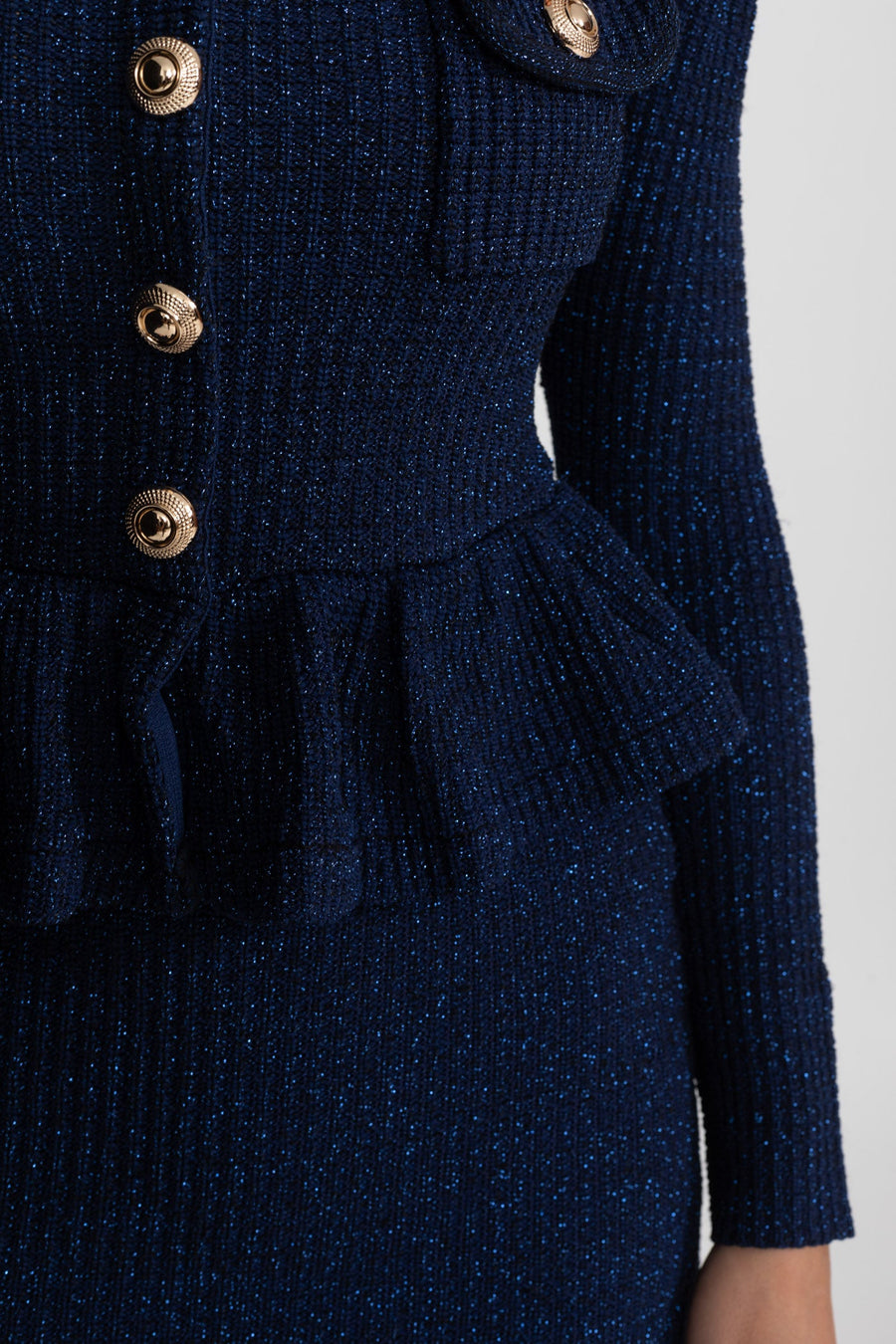 Peplum Bel ve Altın Düğmeler Detaylı Dokulu Triko Elbise - Koyu Mavi