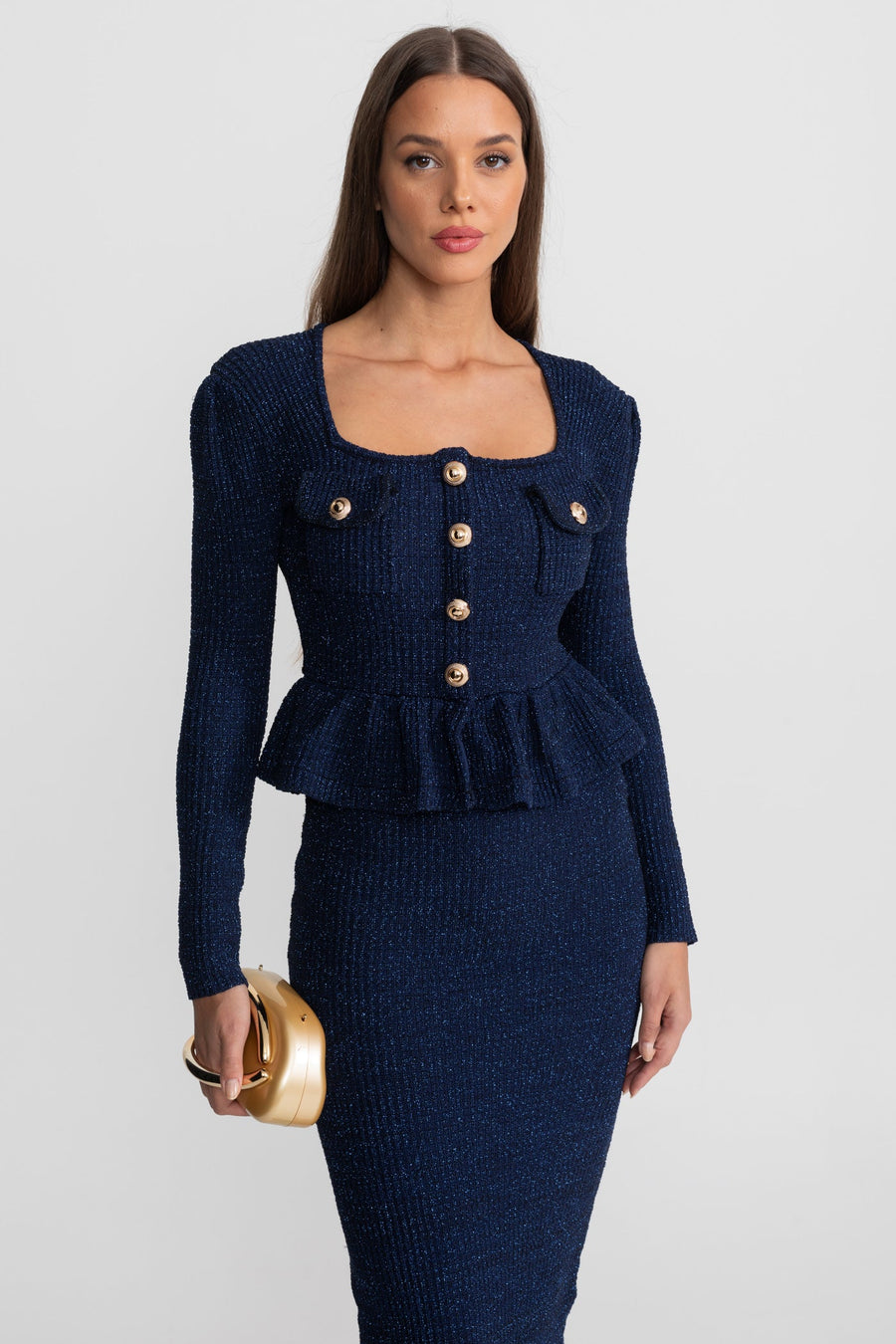 Peplum Bel ve Altın Düğmeler Detaylı Dokulu Triko Elbise - Koyu Mavi