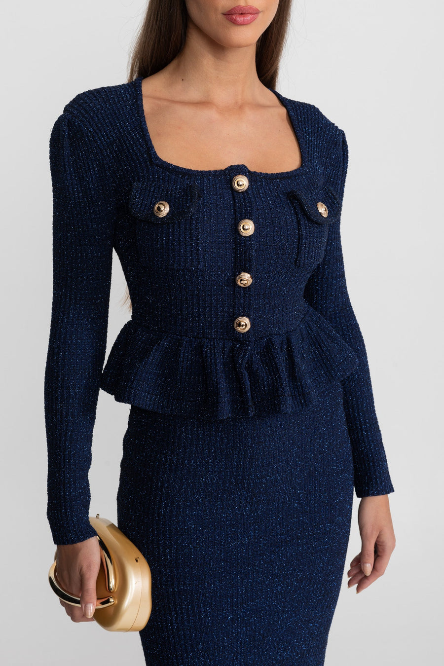 Peplum Bel ve Altın Düğmeler Detaylı Dokulu Triko Elbise - Koyu Mavi