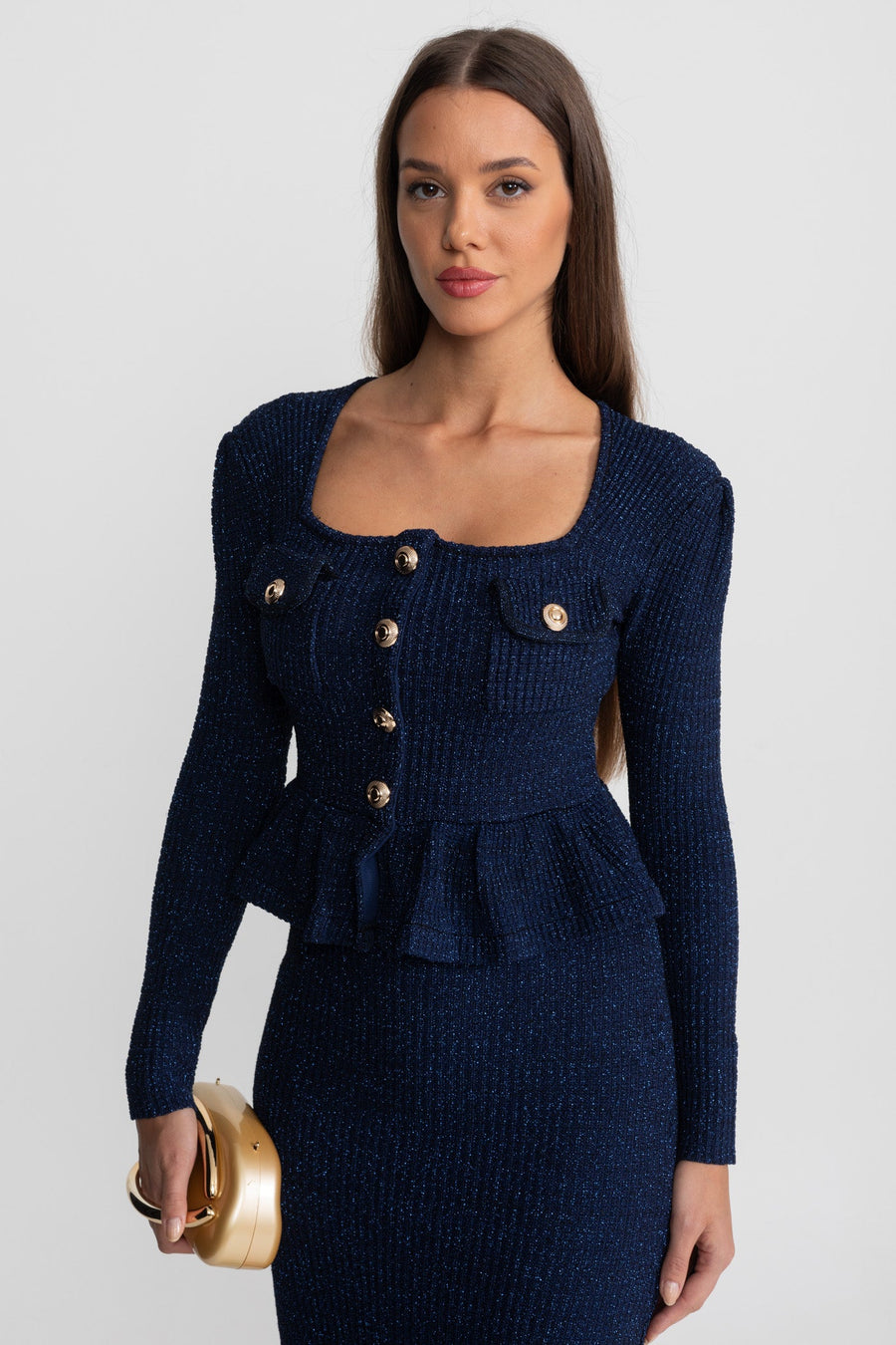 Peplum Bel ve Altın Düğmeler Detaylı Dokulu Triko Elbise - Koyu Mavi
