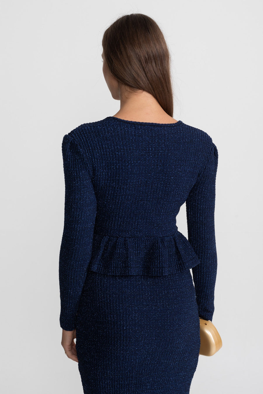 Peplum Bel ve Altın Düğmeler Detaylı Dokulu Triko Elbise - Koyu Mavi