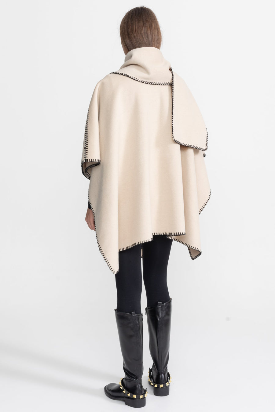 Kontrast Whipstitch Kenar Şeridi Detaylı Yün Karışımlı Poncho - Fildişi