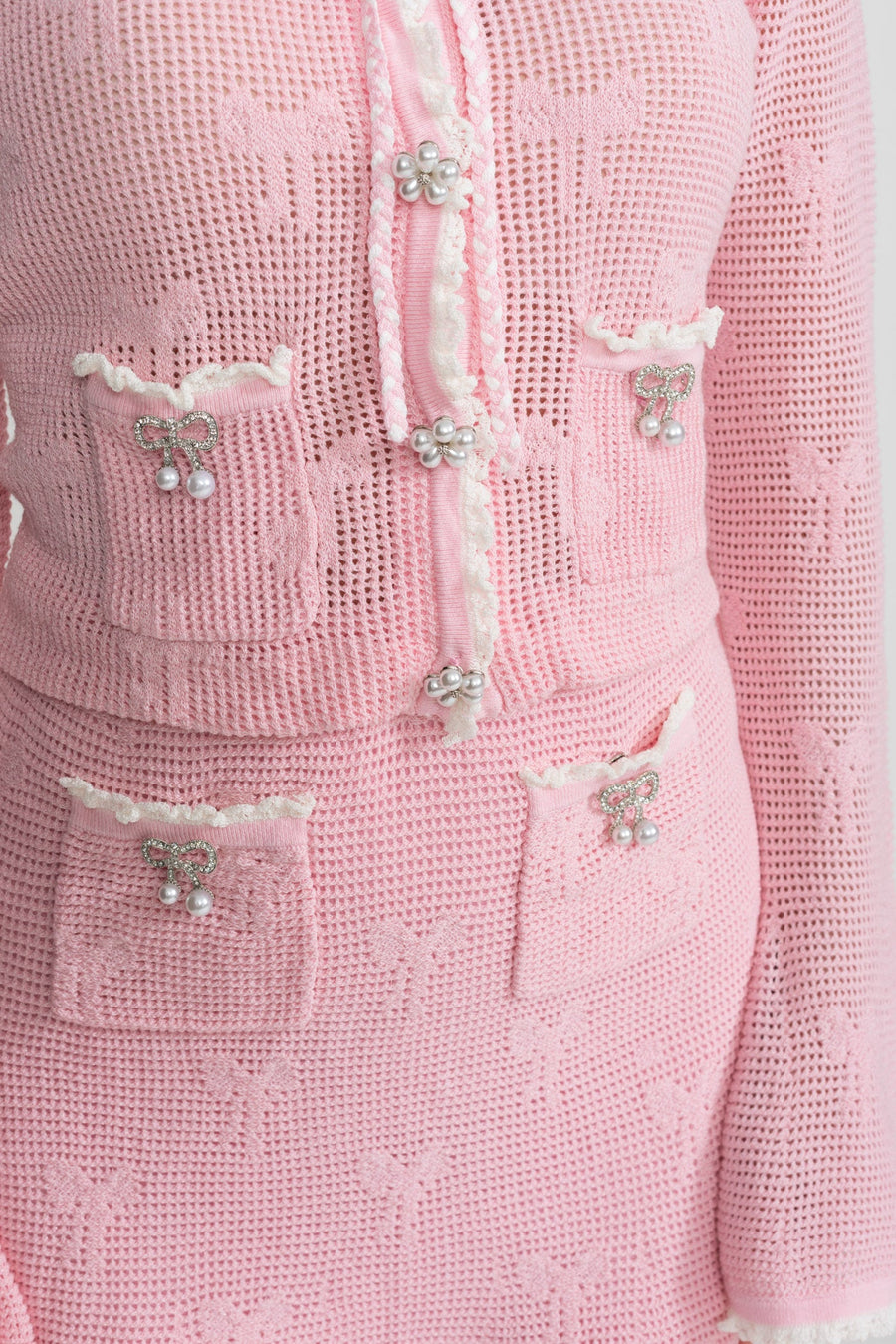 İnci ve Fiyonk Detaylı Triko Takım - Baby Pembe