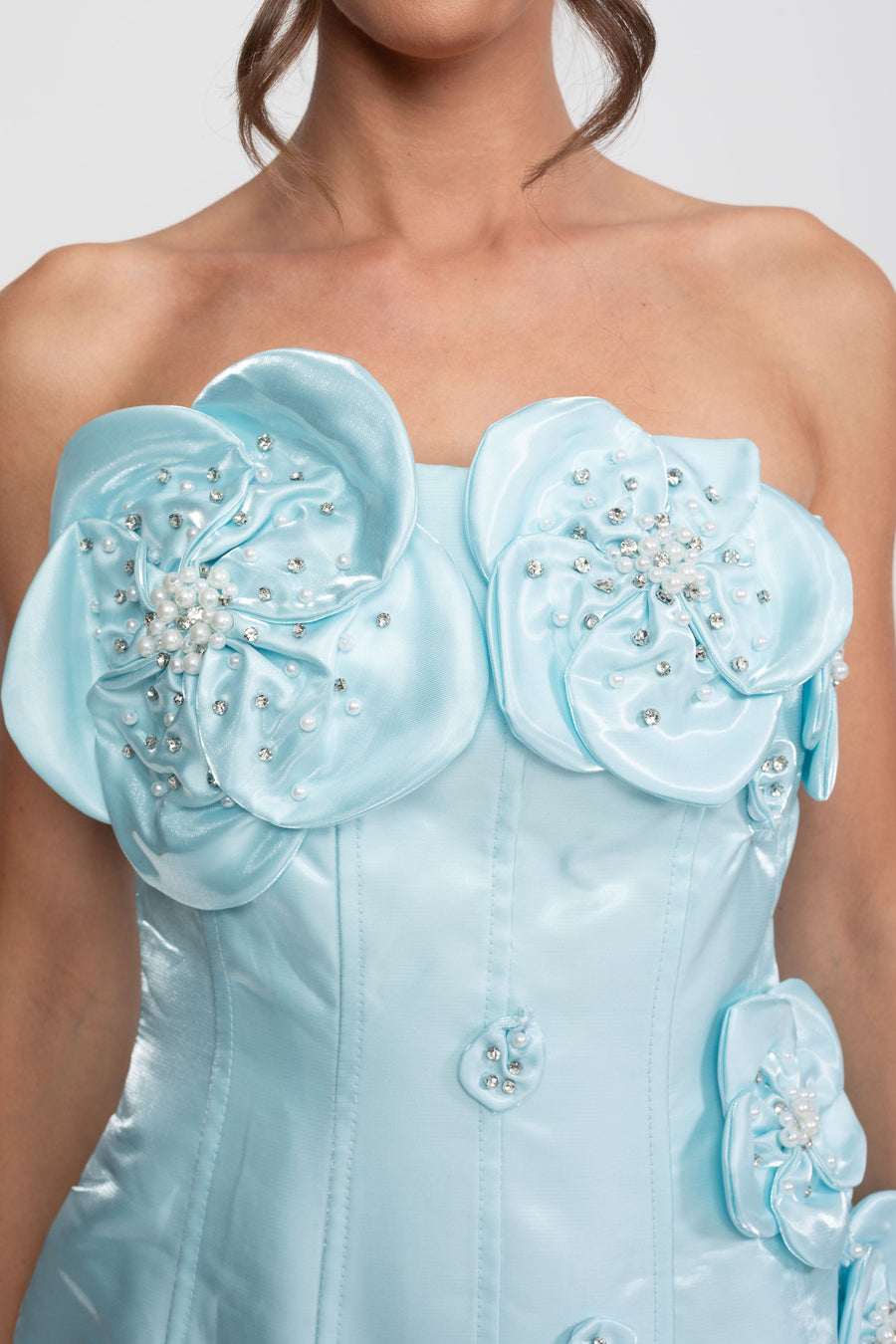 3D Çiçek Aplikeler Detaylı Askısız Saten Korse Mini Elbise - Açık Mavi