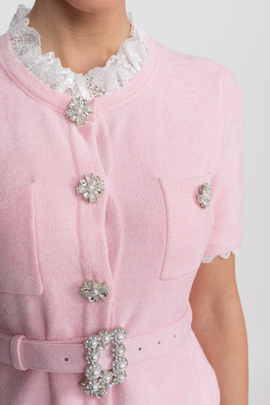 Peplum Bel ve Kristal Düğme Kemer Detaylı Kısa Kollu Takım - Pudra Pembe