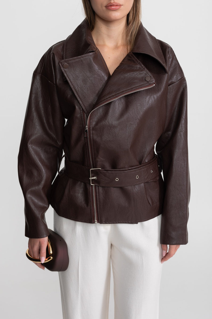Geniş Klapalar Detaylı Kemerli Biker Ceket - Chocolate Kahverengi