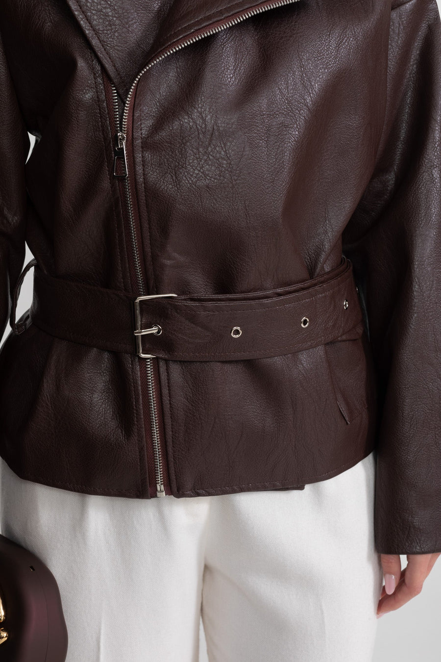 Geniş Klapalar Detaylı Kemerli Biker Ceket - Chocolate Kahverengi