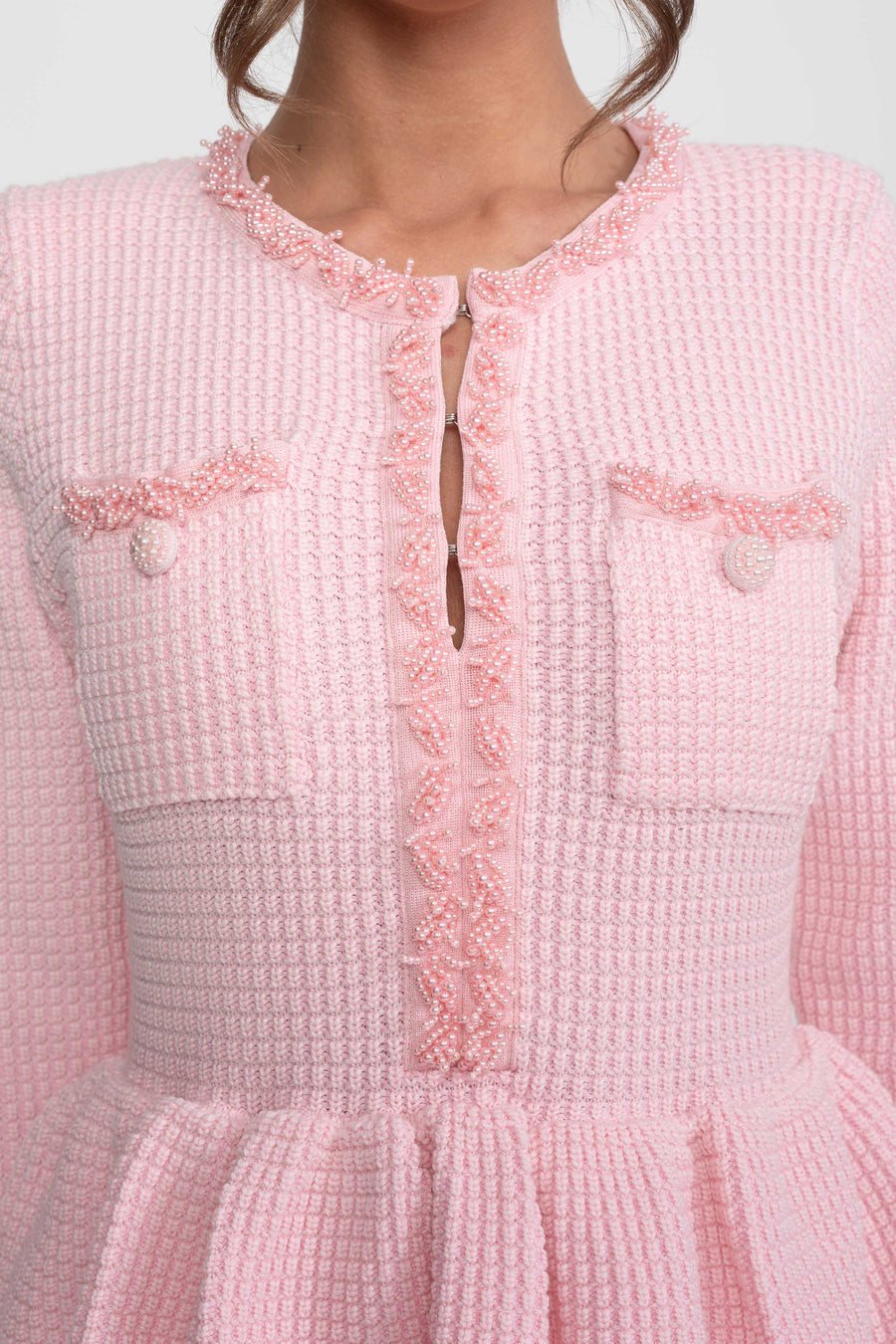 Ön Göğüs Cepleri Detaylı Püskül Şerit Triko Peplum Elbise - Pembe