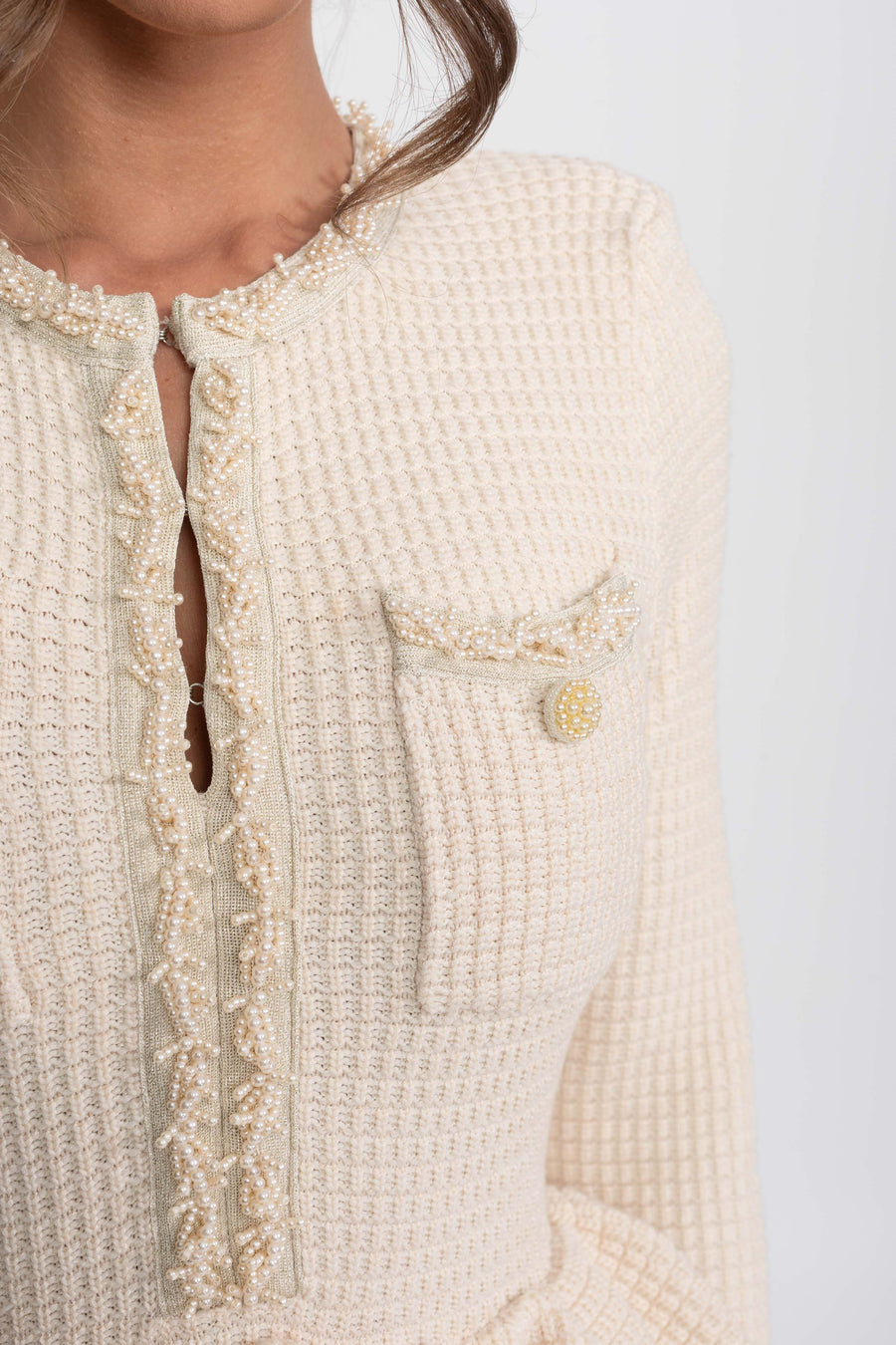 Ön Göğüs Cepleri Detaylı Püskül Şerit Triko Peplum Elbise - Bej
