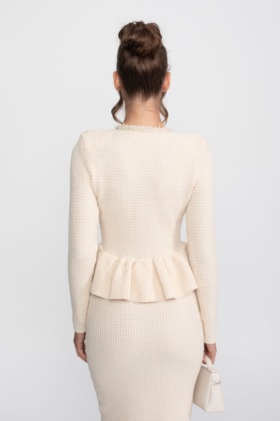 Ön Göğüs Cepleri Detaylı Püskül Şerit Triko Peplum Elbise - Bej