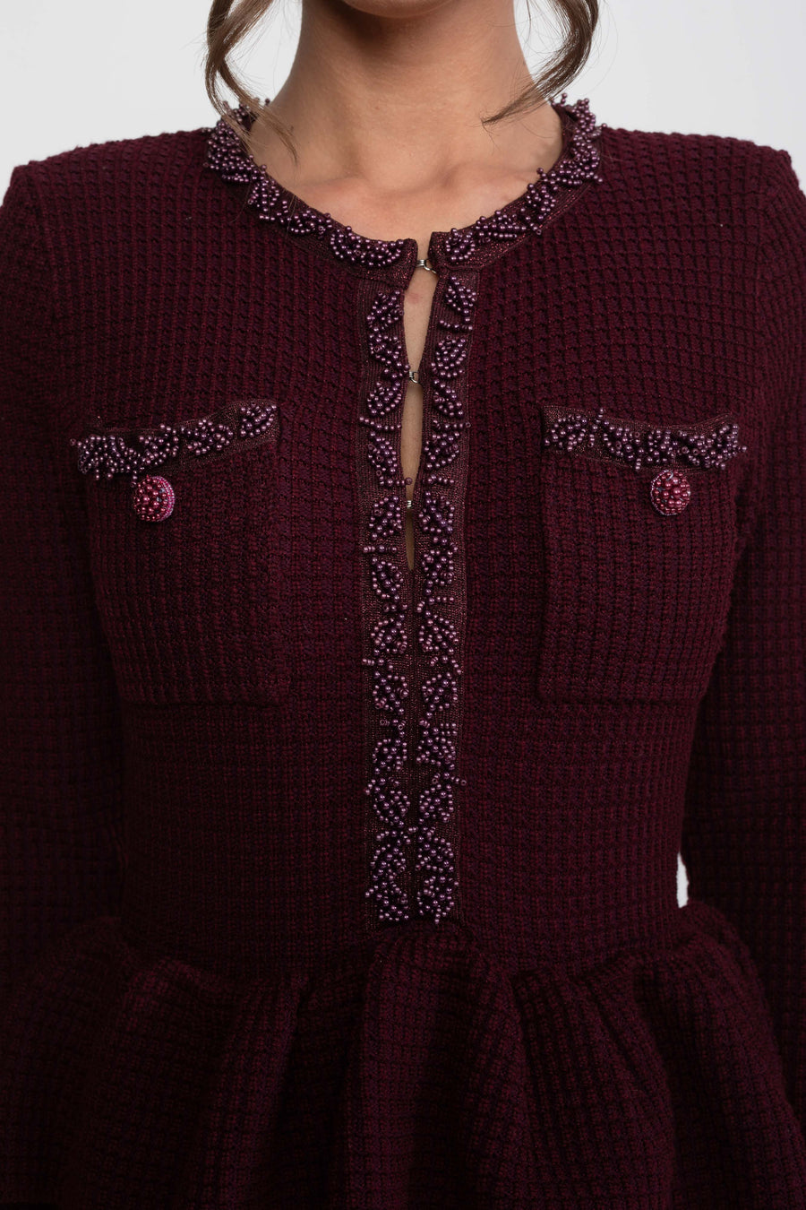 Ön Göğüs Cepleri Detaylı Püskül Şerit Triko Peplum Elbise - Bordo