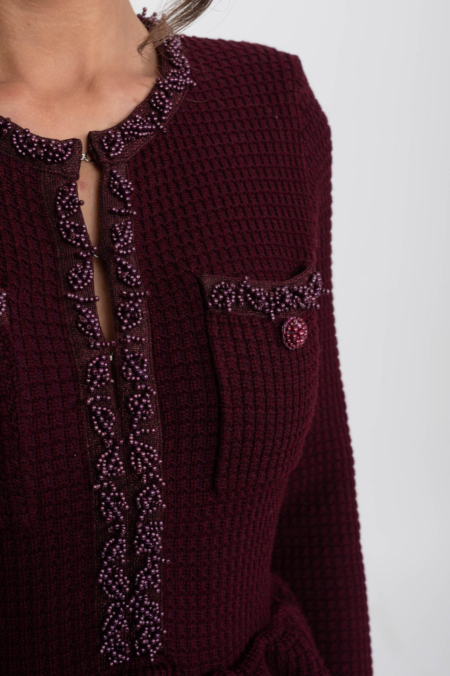 Ön Göğüs Cepleri Detaylı Püskül Şerit Triko Peplum Elbise - Bordo