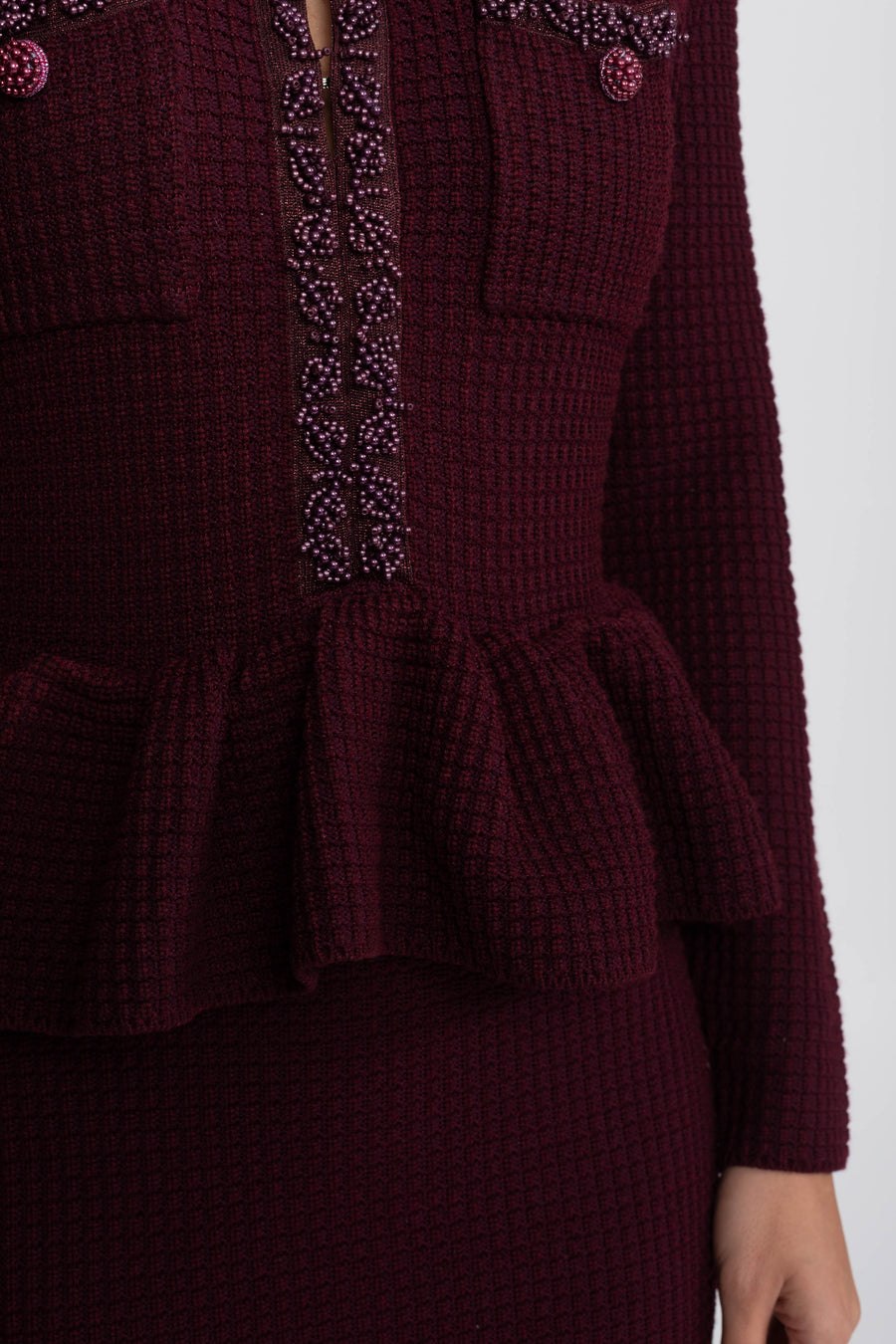 Ön Göğüs Cepleri Detaylı Püskül Şerit Triko Peplum Elbise - Bordo