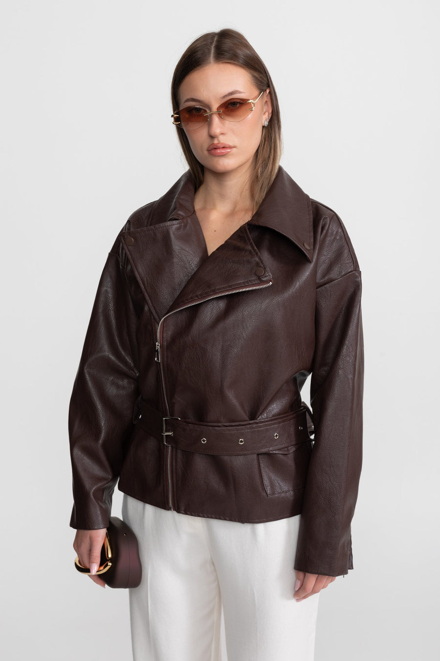 Geniş Klapalar Detaylı Kemerli Biker Ceket - Chocolate Kahverengi