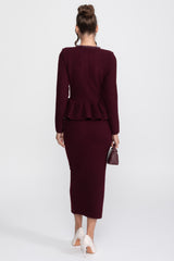 Ön Göğüs Cepleri Detaylı Püskül Şerit Triko Peplum Elbise - Bordo