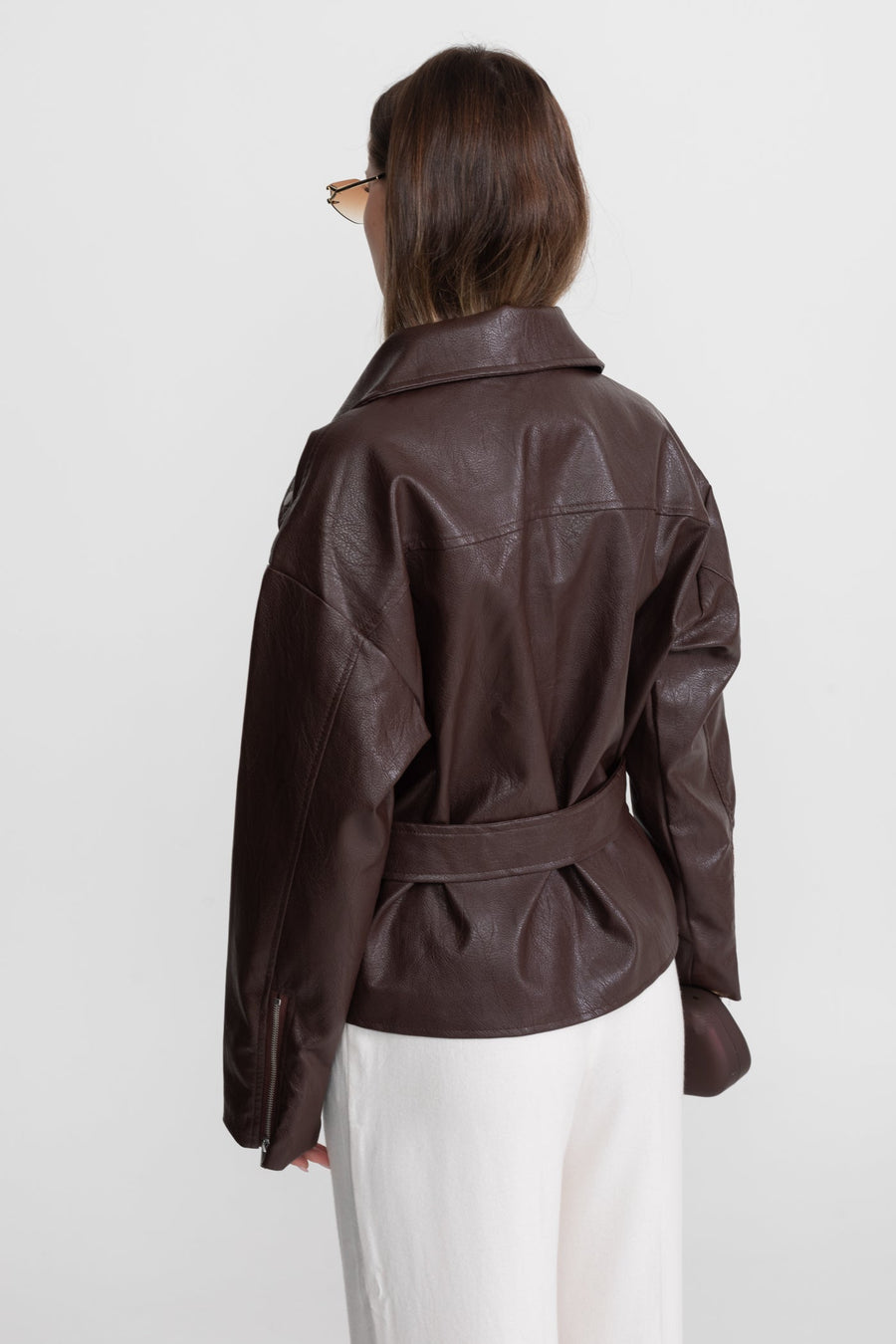 Geniş Klapalar Detaylı Kemerli Biker Ceket - Chocolate Kahverengi