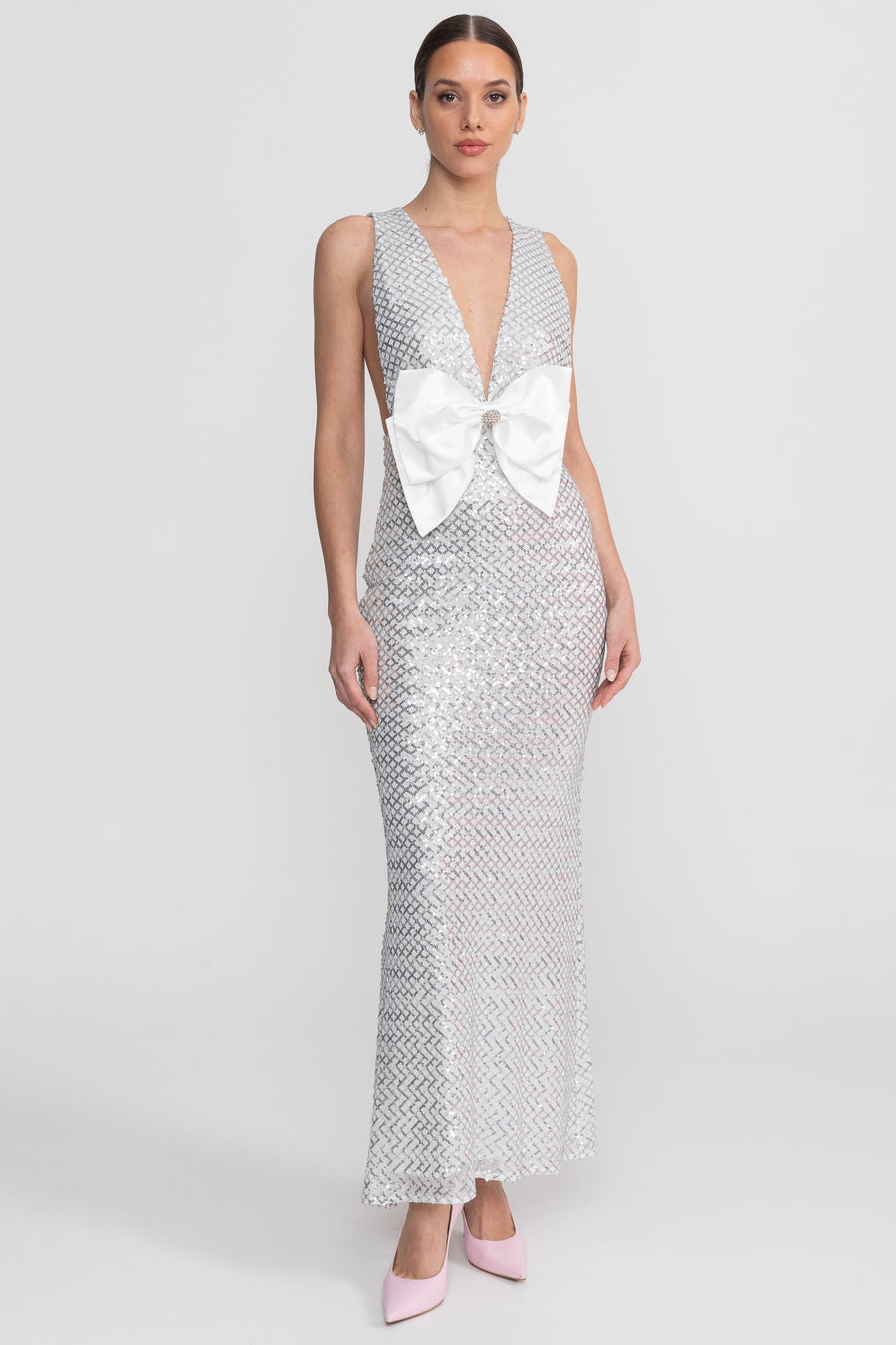 Saten Fiyonk Detay Payet Maxi Elbise - Light Gri