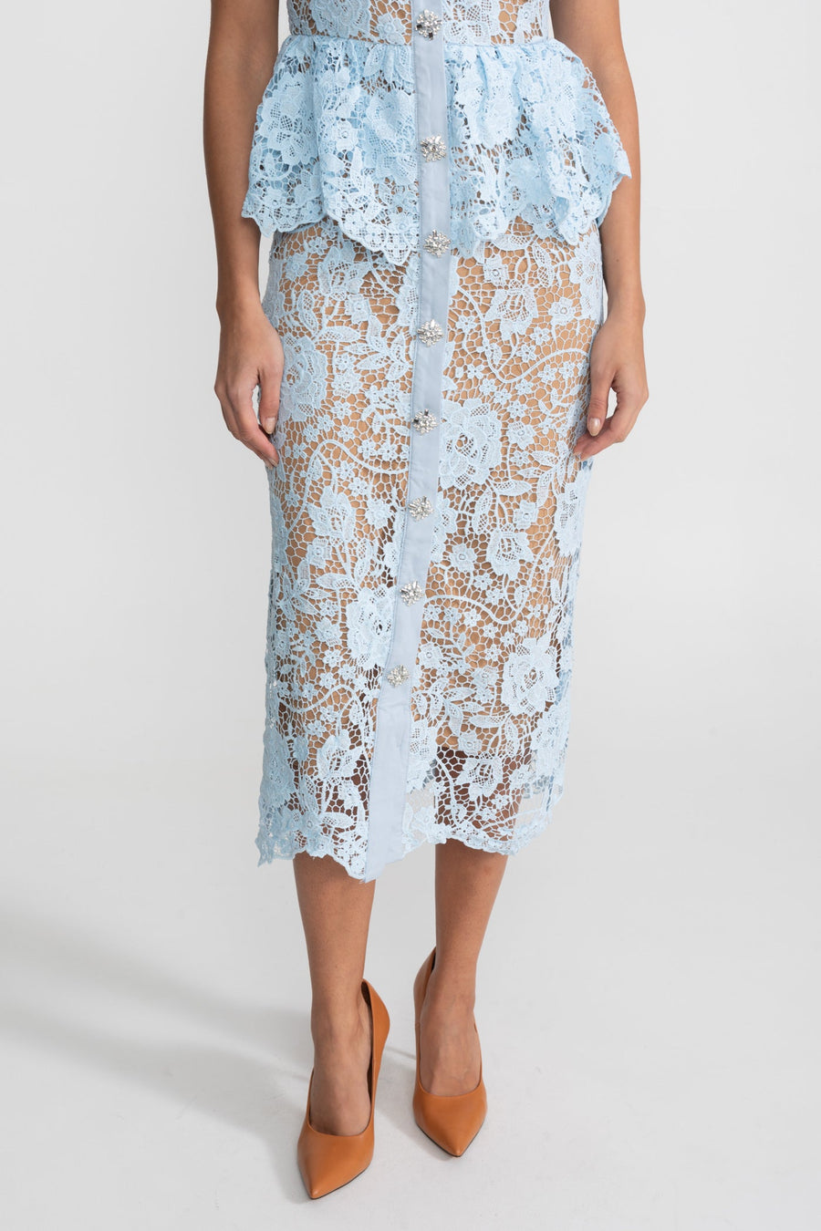 Peplum Bel ve Saten Yaka Detaylı Dantel Midi Elbise - Bebe Mavisi