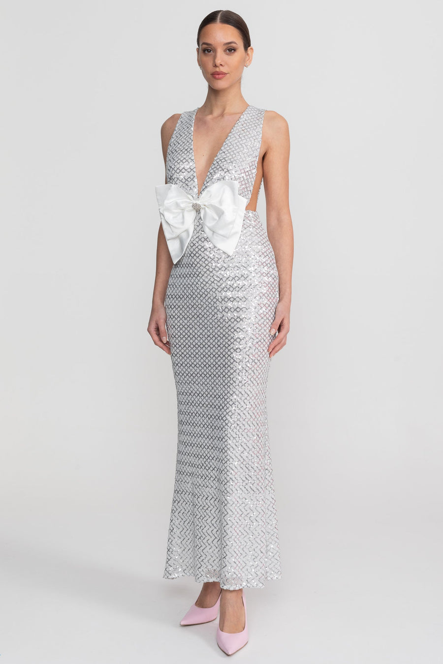 Saten Fiyonk Detay Payet Maxi Elbise - Light Gri