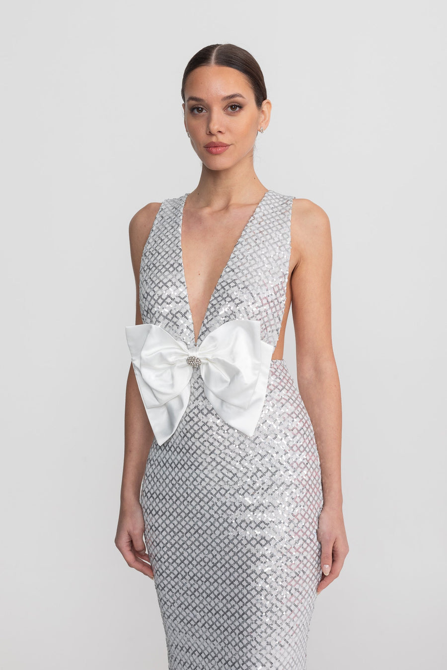 Saten Fiyonk Detay Payet Maxi Elbise - Light Gri