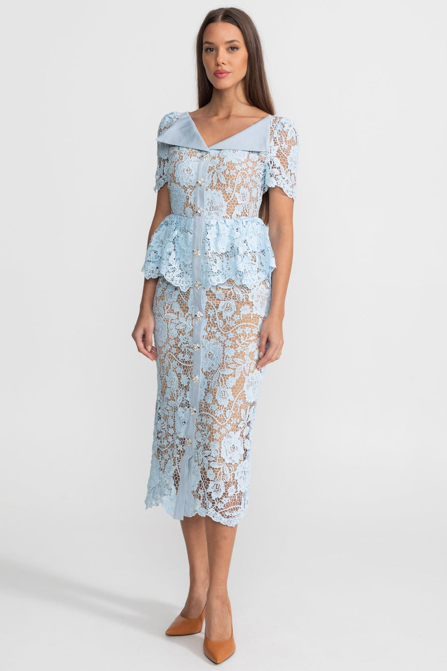 Peplum Bel ve Saten Yaka Detaylı Dantel Midi Elbise - Bebe Mavisi