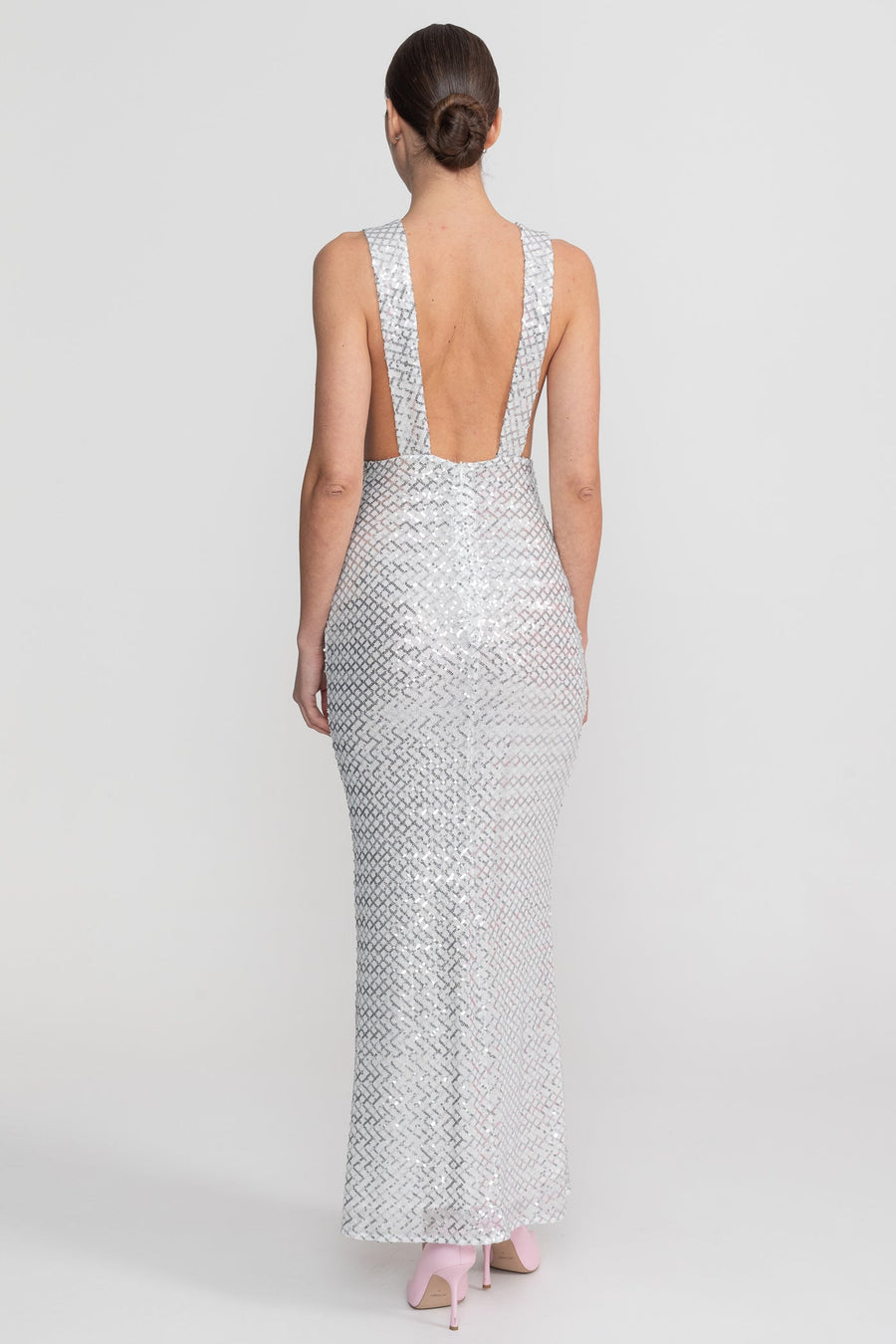 Saten Fiyonk Detay Payet Maxi Elbise - Light Gri