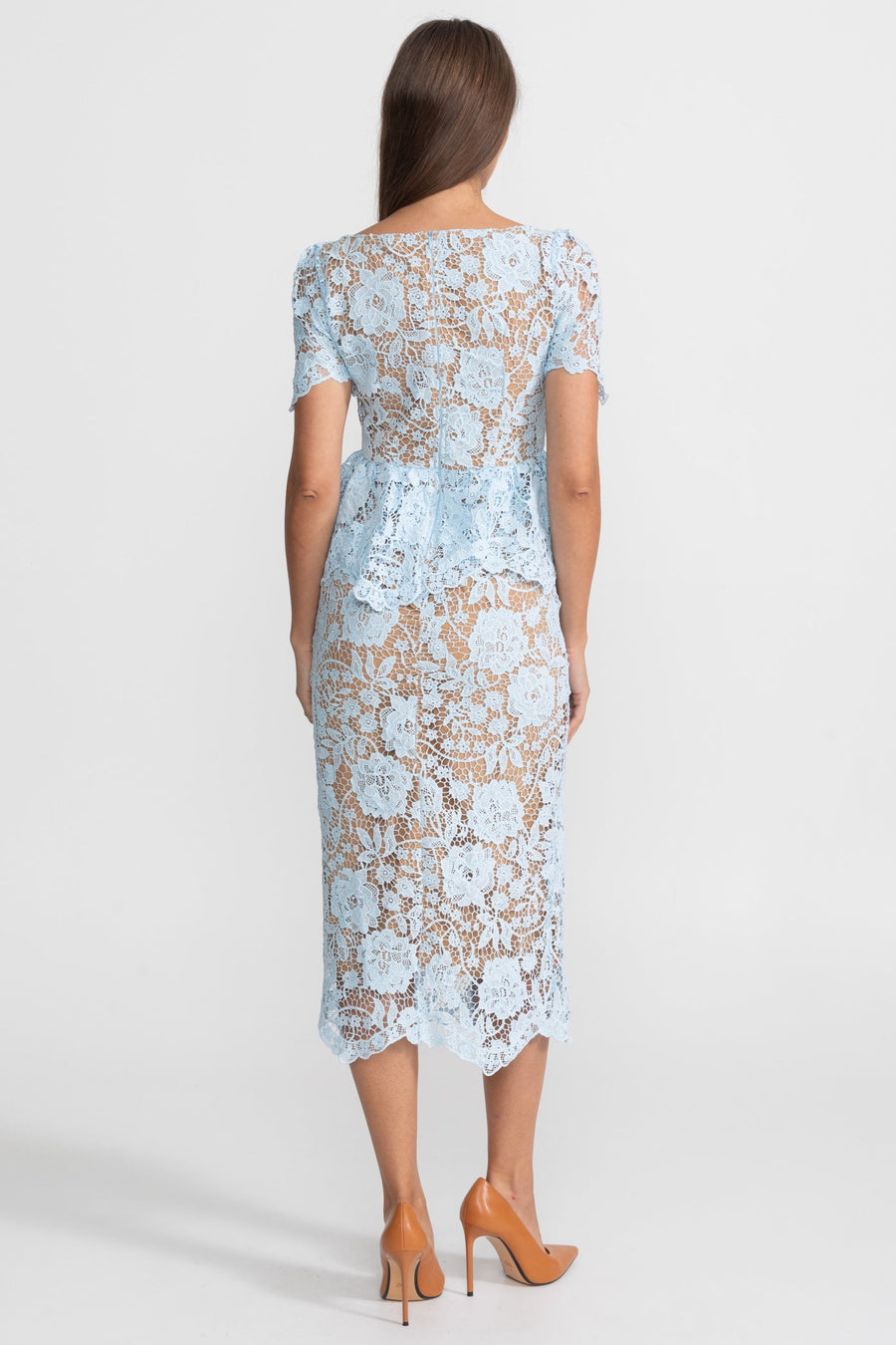 Peplum Bel ve Saten Yaka Detaylı Dantel Midi Elbise - Bebe Mavisi